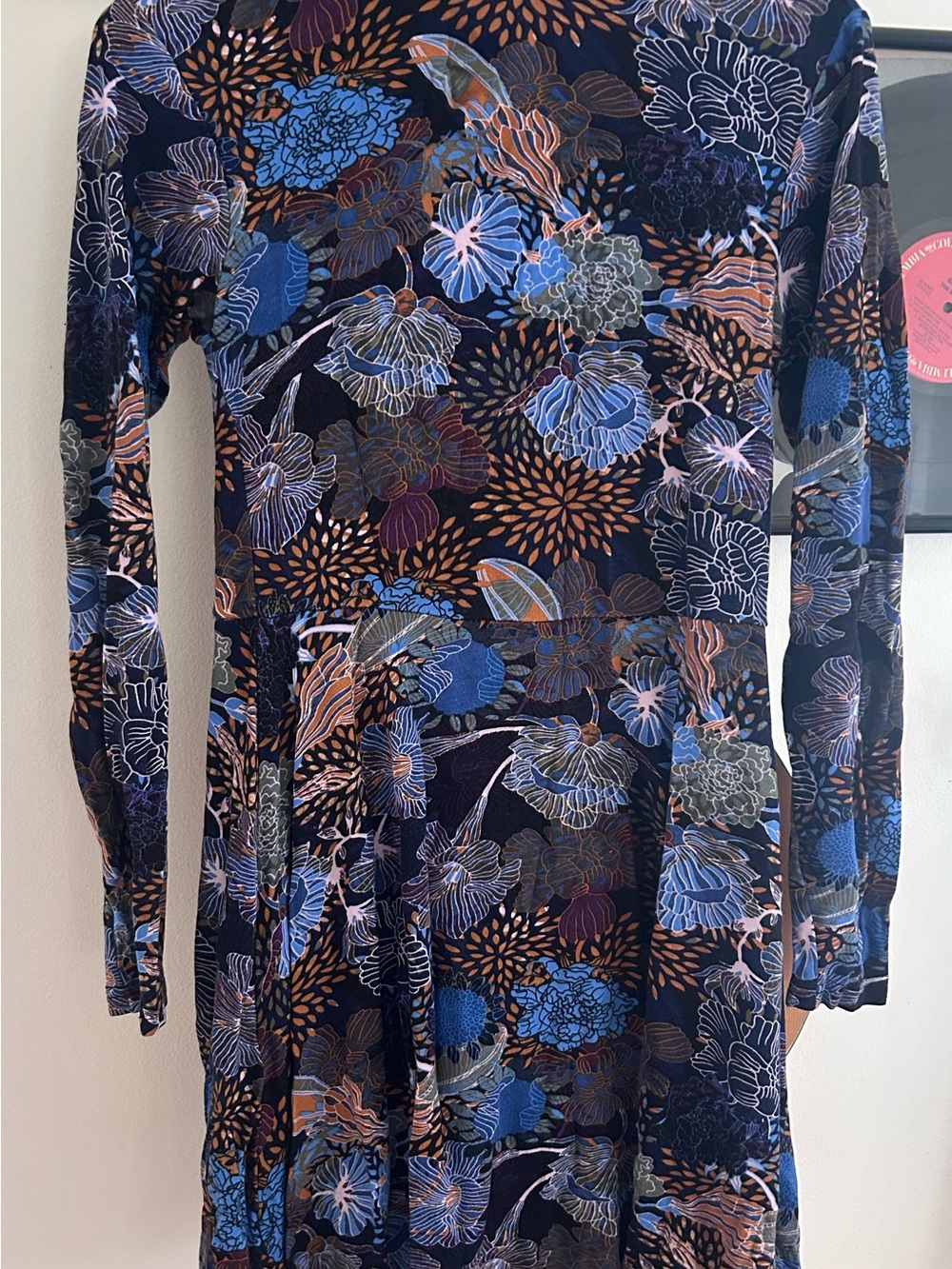 H&M Navy Floral Long-Sleeve Midi Dress with Copper Accents